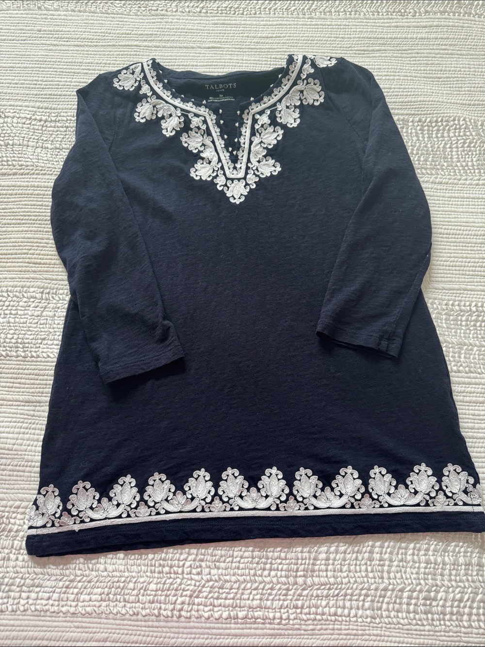 Talbots Navy Tunic with White Embroidered Neckline